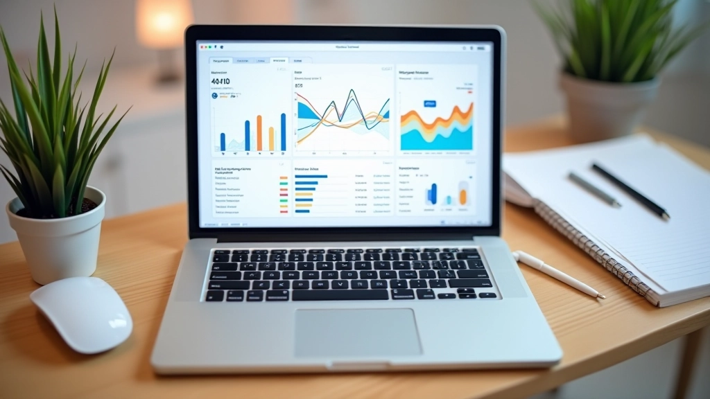 Nešiojamasis kompiuteris su Google Analytics prietaisu rodančiu SEO duomenis ir analitikos grafikus